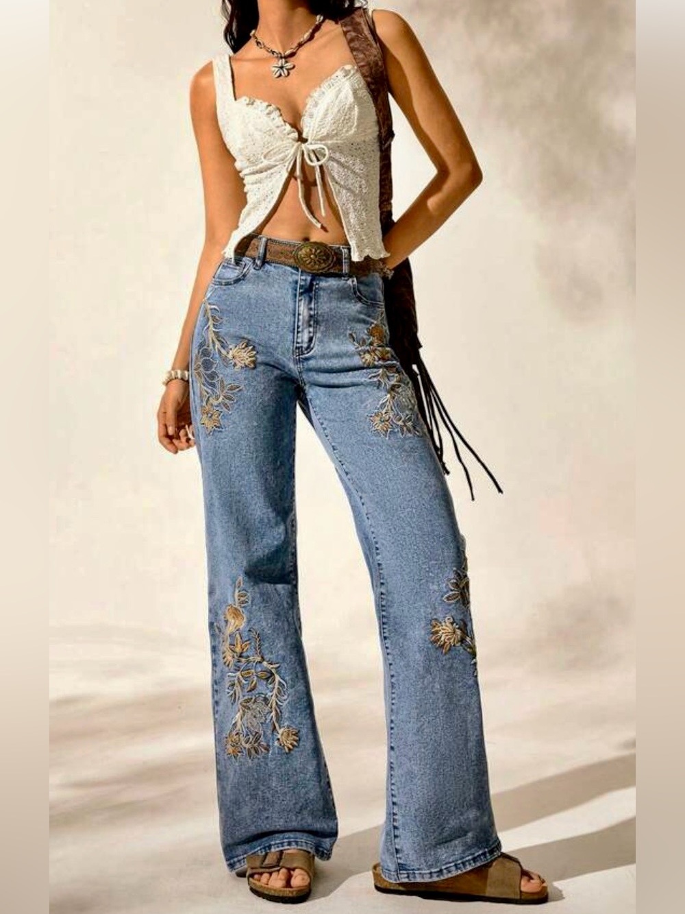 Easelle Embroidered Light Blue Wide-Leg Jeans